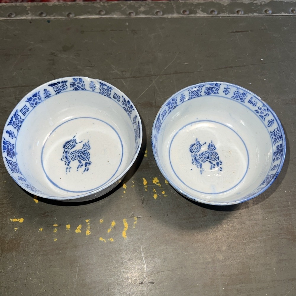 Japanese Stencil Pottery Rice Bowl Gohan Blue White 1900s Porcelain Pair Antique